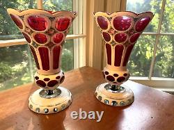 Pair Vintage Czech Bohemian Enameled Floral White Cased Cut to Cranberry Vases