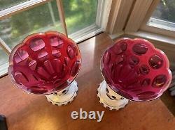 Pair Vintage Czech Bohemian Enameled Floral White Cased Cut to Cranberry Vases