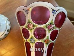 Pair Vintage Czech Bohemian Enameled Floral White Cased Cut to Cranberry Vases