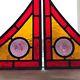 Pair Vintage Leaded Stained Glass Corner Panels Red, Yellow & Lavender Roundel