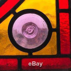 Pair Vintage Leaded Stained Glass Corner Panels Red, Yellow & Lavender Roundel