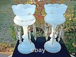 Pair Vintage Pearl White 12 Mantle Lusters 14 Prisms Antiques