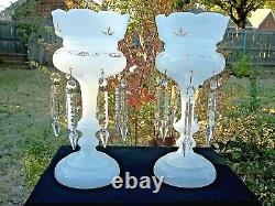 Pair Vintage Pearl White 12 Mantle Lusters 14 Prisms Antiques