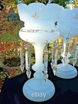 Pair Vintage Pearl White 12 Mantle Lusters 14 Prisms Antiques