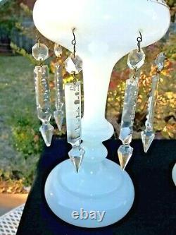 Pair Vintage Pearl White 12 Mantle Lusters 14 Prisms Antiques