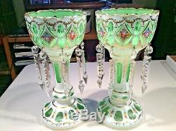 Pair Vtg. Bohemian Cut Glass Overlay Decorated Mantle Lusters with Crystal Prisms