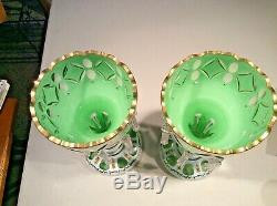 Pair Vtg. Bohemian Cut Glass Overlay Decorated Mantle Lusters with Crystal Prisms