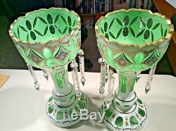 Pair Vtg. Bohemian Cut Glass Overlay Decorated Mantle Lusters with Crystal Prisms