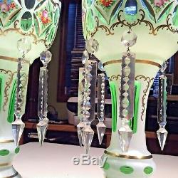 Pair Vtg. Bohemian Cut Glass Overlay Decorated Mantle Lusters with Crystal Prisms