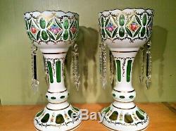 Pair Vtg. Bohemian Cut Glass Overlay Decorated Mantle Lusters with Crystal Prisms