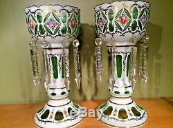 Pair Vtg. Bohemian Cut Glass Overlay Decorated Mantle Lusters with Crystal Prisms