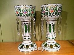 Pair Vtg. Bohemian Cut Glass Overlay Decorated Mantle Lusters with Crystal Prisms