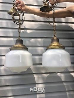 Pair Vtg Victorian Art Deco Antique Milk Glass Ceiling Light Fixture Chandelier