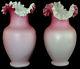 Pair C1890 Art Glass Vases, Satin Glass, Pompeian Swirl, Rose, 10t