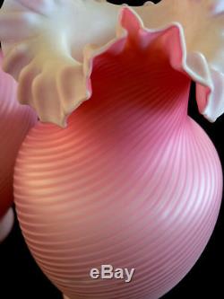Pair c1890 art glass vases, satin glass, Pompeian Swirl, rose, 10t