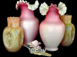 Pair c1890 art glass vases, satin glass, Pompeian Swirl, rose, 10t