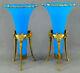 Pair Of 19th Century Baccarat Blue Opaline & Gilt Ormolu Rams Head Trumpet Vases