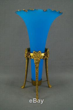Pair of 19th Century Baccarat Blue Opaline & Gilt Ormolu Rams Head Trumpet Vases