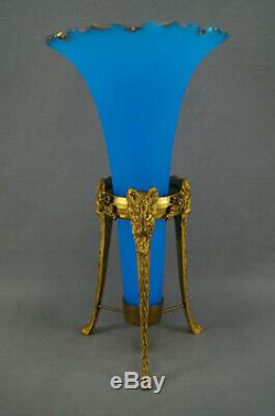 Pair of 19th Century Baccarat Blue Opaline & Gilt Ormolu Rams Head Trumpet Vases