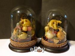 Pair of 19thC Victorian WAX FRUIT Display Art Under Glass Domes