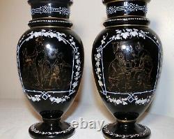 Pair of 2 antique handmade Bohemian enameled black amethyst glass etched vases