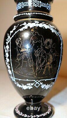 Pair of 2 antique handmade Bohemian enameled black amethyst glass etched vases