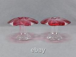 Pair of American Cranberry Cut to Clear Optic Molded Floral Mushroom Vases C1880