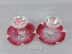 Pair of American Cranberry Cut to Clear Optic Molded Floral Mushroom Vases C1880