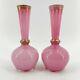 Pair Of Antique Bohemian Victorian Pink Art Glass Cased In Clear Vases Enameled