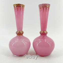 Pair of Antique Bohemian Victorian Pink Art Glass Cased in Clear Vases Enameled