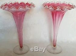Pair of Antique Victorian Era Art Glass Fluted CRANBERRY opalescent Vases