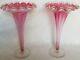 Pair Of Antique Victorian Era Art Glass Fluted Cranberry Opalescent Vases