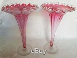 Pair of Antique Victorian Era Art Glass Fluted CRANBERRY opalescent Vases