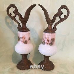 Pair of Antique Victorian Hand Painted Art Glass Mantel Ewers Cast Metal Glows