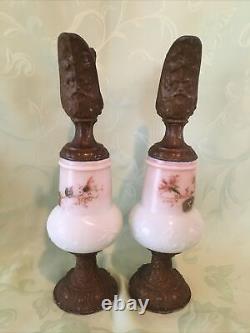 Pair of Antique Victorian Hand Painted Art Glass Mantel Ewers Cast Metal Glows