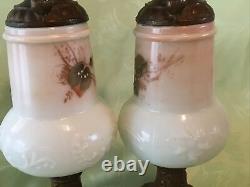 Pair of Antique Victorian Hand Painted Art Glass Mantel Ewers Cast Metal Glows