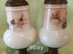 Pair of Antique Victorian Hand Painted Art Glass Mantel Ewers Cast Metal Glows