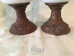 Pair of Antique Victorian Hand Painted Art Glass Mantel Ewers Cast Metal Glows