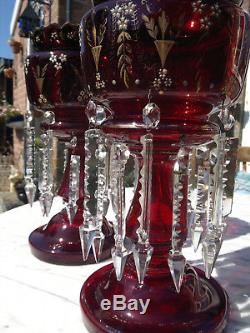 Pair of Antique Victorian Ruby Glass Mantel Lustres Double Row Drops 14 tall