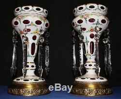 Pair of Bohemian Cranberry Cased Glass Luster Lamps with Crystal Spear Prisms