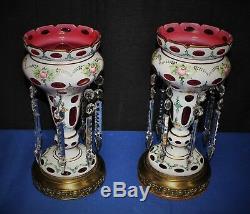 Pair of Bohemian Cranberry Cased Glass Luster Lamps with Crystal Spear Prisms