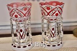 Pair of Bohemian Czech Overlay Cut to pink Glass Mantle Lusters