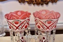 Pair of Bohemian Czech Overlay Cut to pink Glass Mantle Lusters