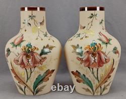 Pair of Bohemian Franz Pallme Konig Hand Enameled Floral Custard Glass Vases