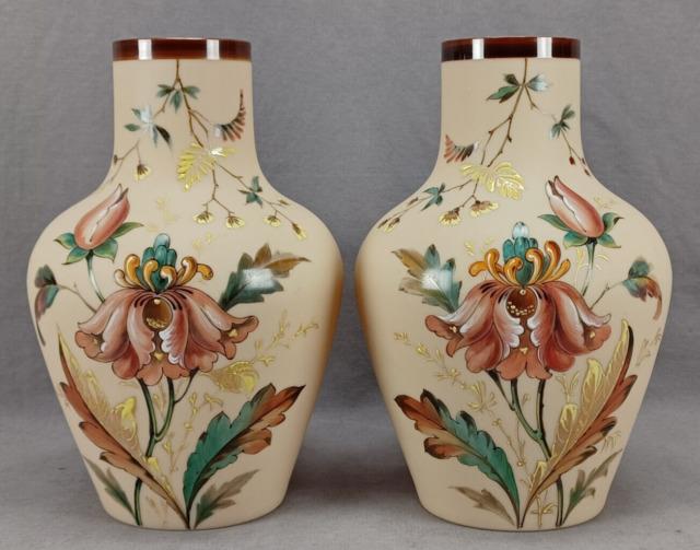 Pair Of Bohemian Franz Pallme Konig Hand Enameled Floral Custard Glass Vases
