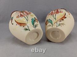 Pair of Bohemian Franz Pallme Konig Hand Enameled Floral Custard Glass Vases