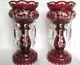 Pair Of Bohemian Ruby Red Cut To Clear Glass Mantle Lustres Withprisms