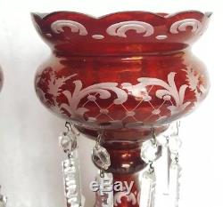 Pair of Bohemian RUBY RED CUT TO CLEAR GLASS Mantle Lustres WithPRISMS