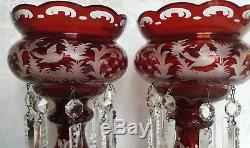 Pair of Bohemian RUBY RED CUT TO CLEAR GLASS Mantle Lustres WithPRISMS