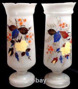 Pair of Bohemian Victorian Hand Enameled Floral Enamel Glass 10 5/8 Inch Vases